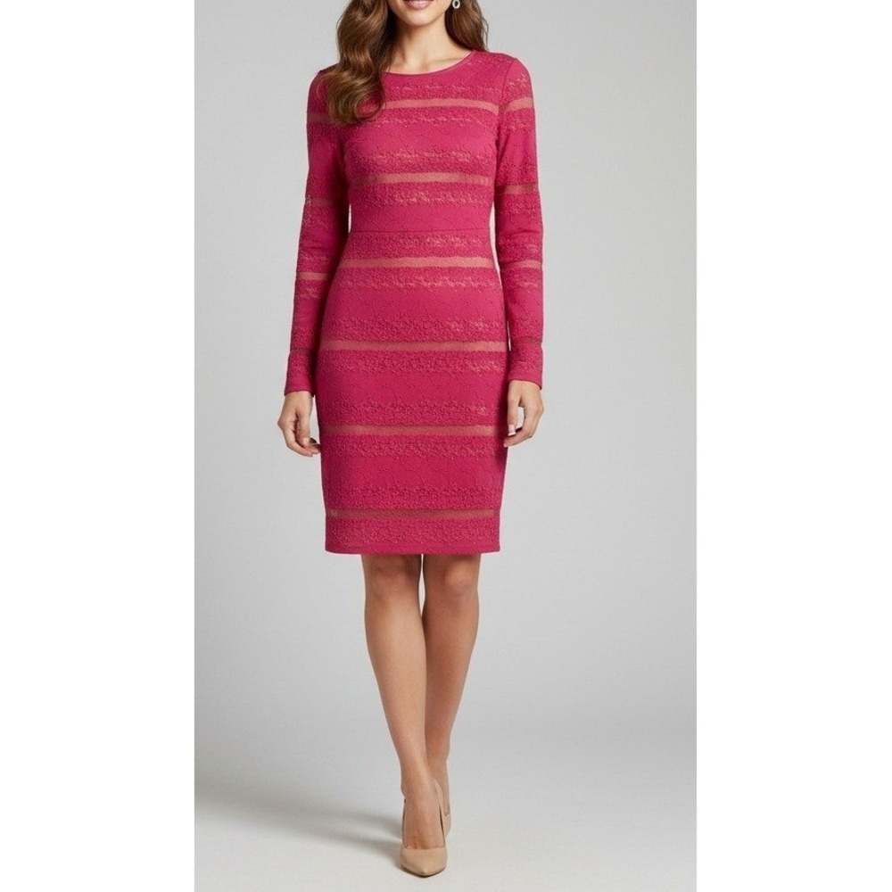 BCBGMAXAZRIA Pink Lace Overlay Sheath Dress Long Sleeve Scoop Neck